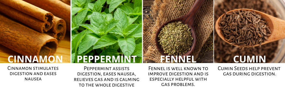 Cinnamon, Peppermint, Fennel and Cumin all play a role in digestive health & gently aid digestion