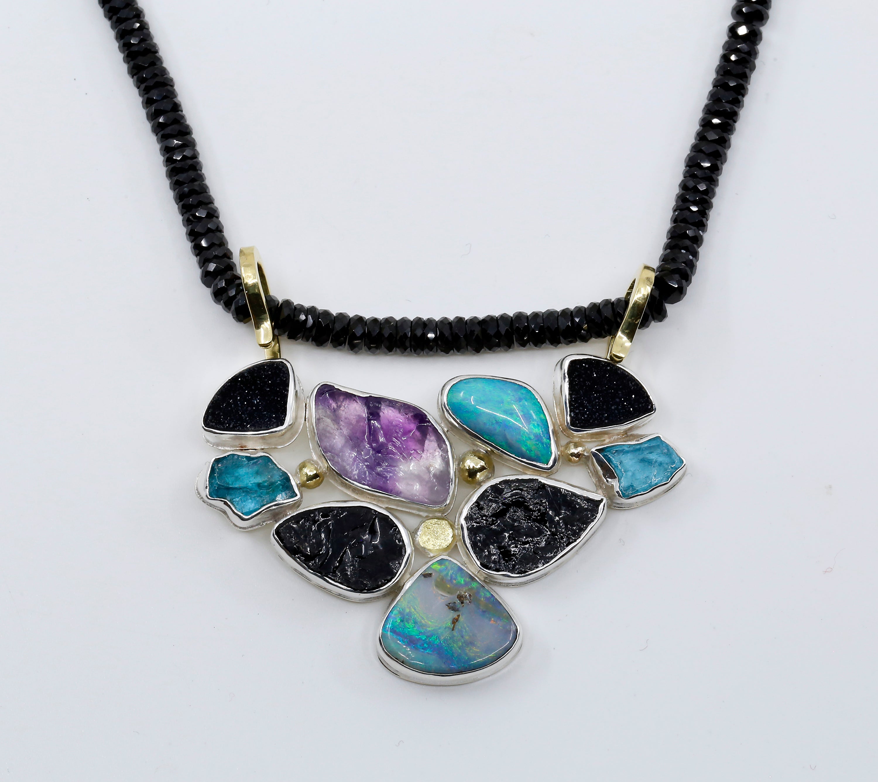 Boulder Opal Black Tourmaline Necklace with Amethyst Apatite Sterling Silver 18k gold