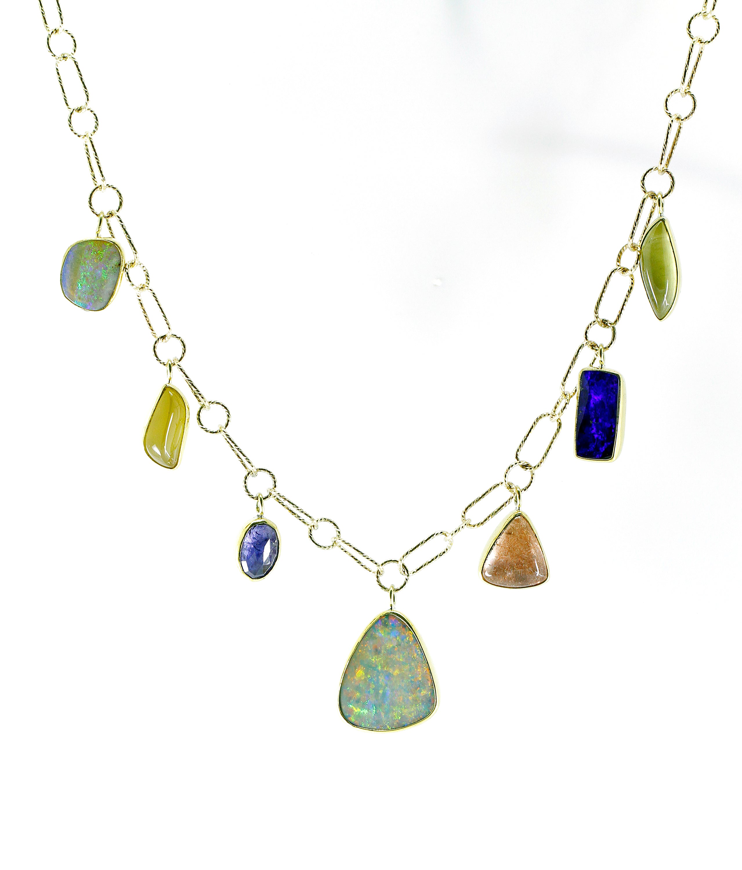 Boulder Opal Charm Necklace Aqua Marine Tanzanite Strawberry Quartz