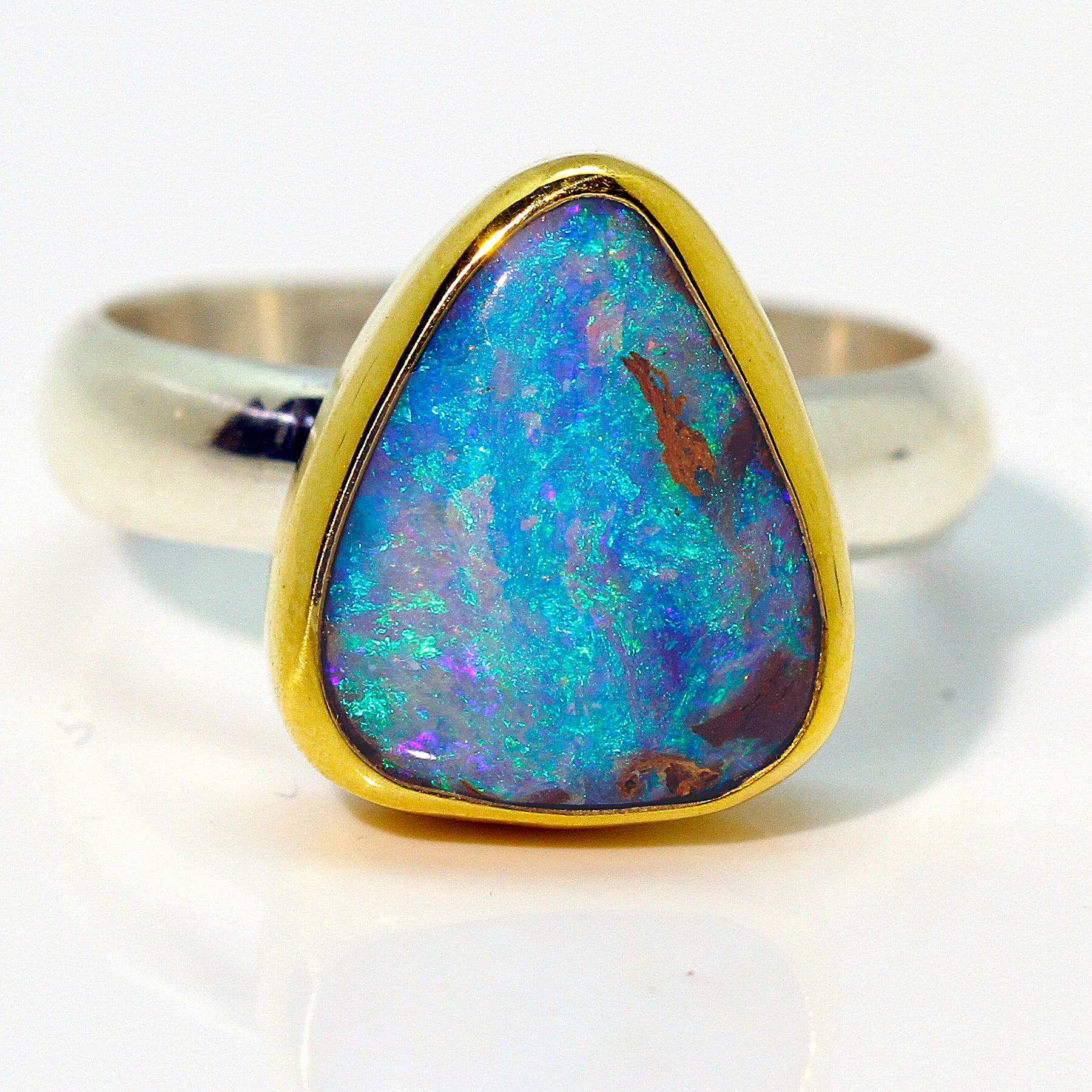 Boulder Opal Ring Opalized Wood 22k Gold Silver Band - The Kalled Gallery