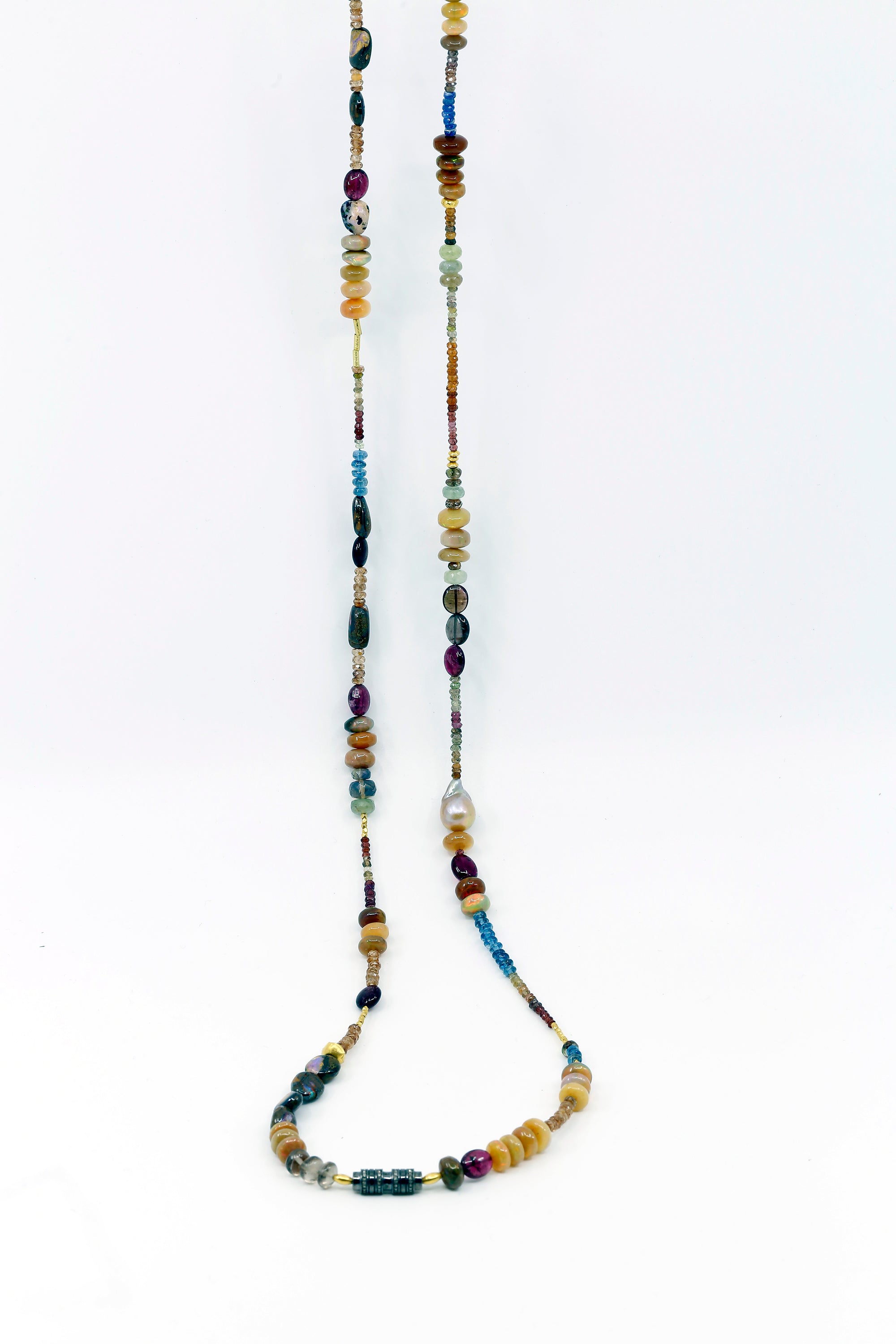 Jennifer Kalled Gem Beaded Necklace 41"  Ethiopian, Boulder Opal Sapphire 18K Gold Beads