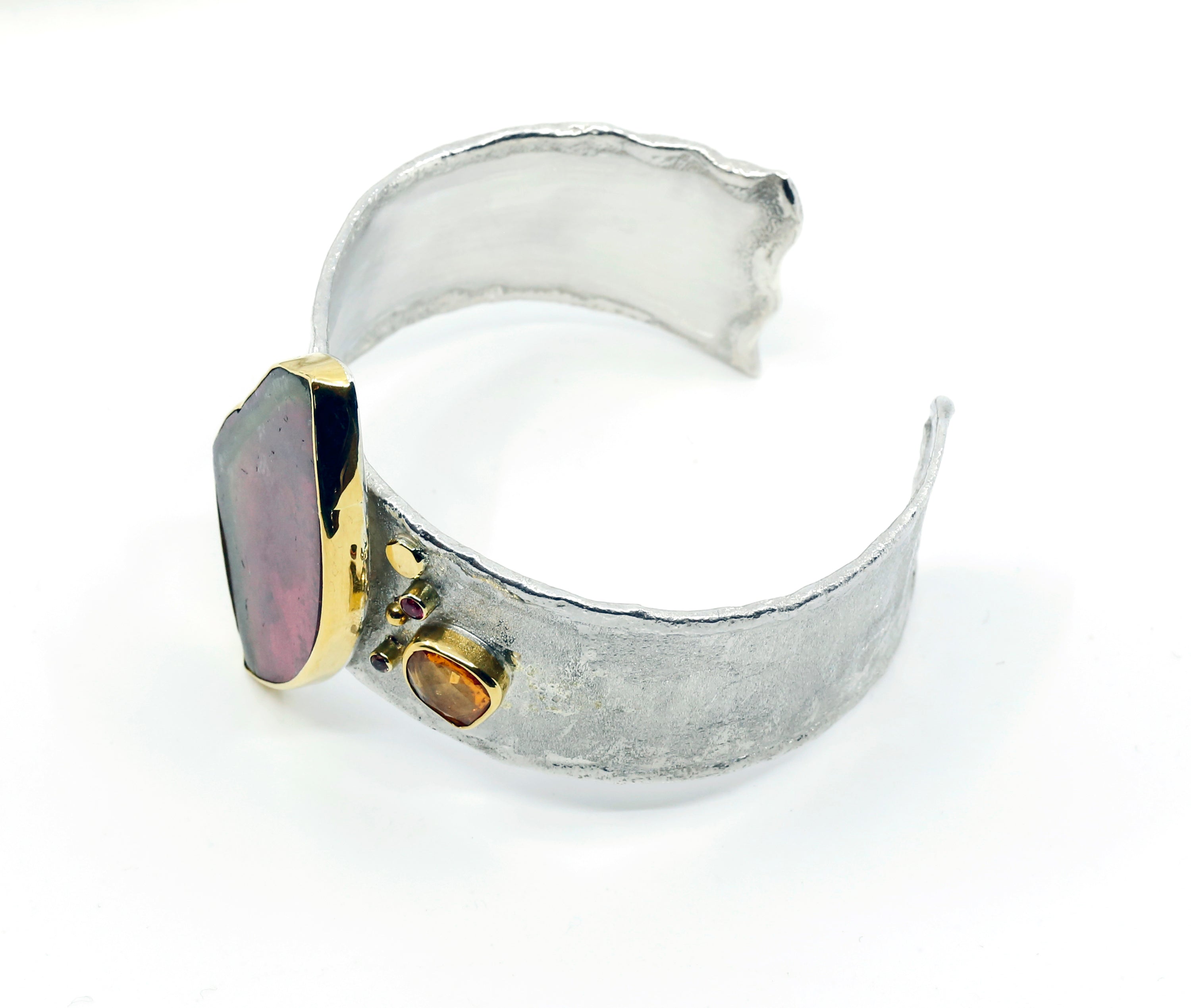 Jennifer Kalled Watermelon Tourmaline Bracelet Wide Cuff Sapphire 22k Gold Sterling Silver