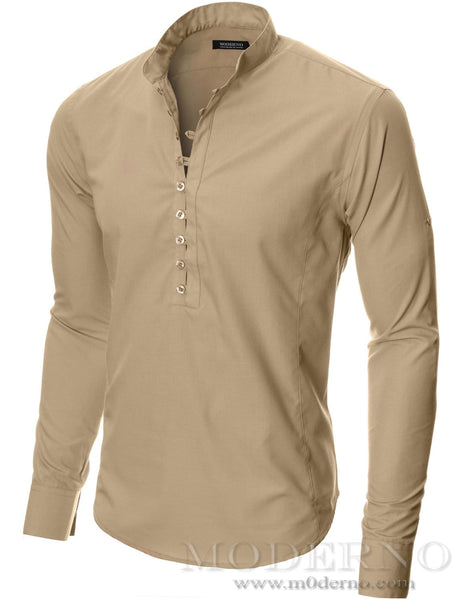 Mens beige button down shirt with half closer by MODERNO (MOD1431LS)