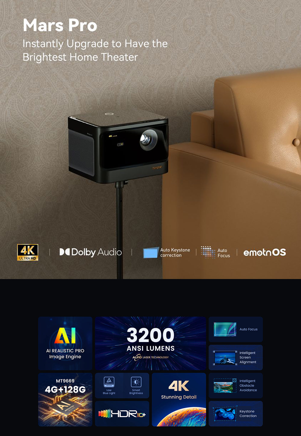 Dangbei Mars Pro 4K Cinema Projector HiFi Speakers, Auto Focus, Keystone HDR10 Home Theatre