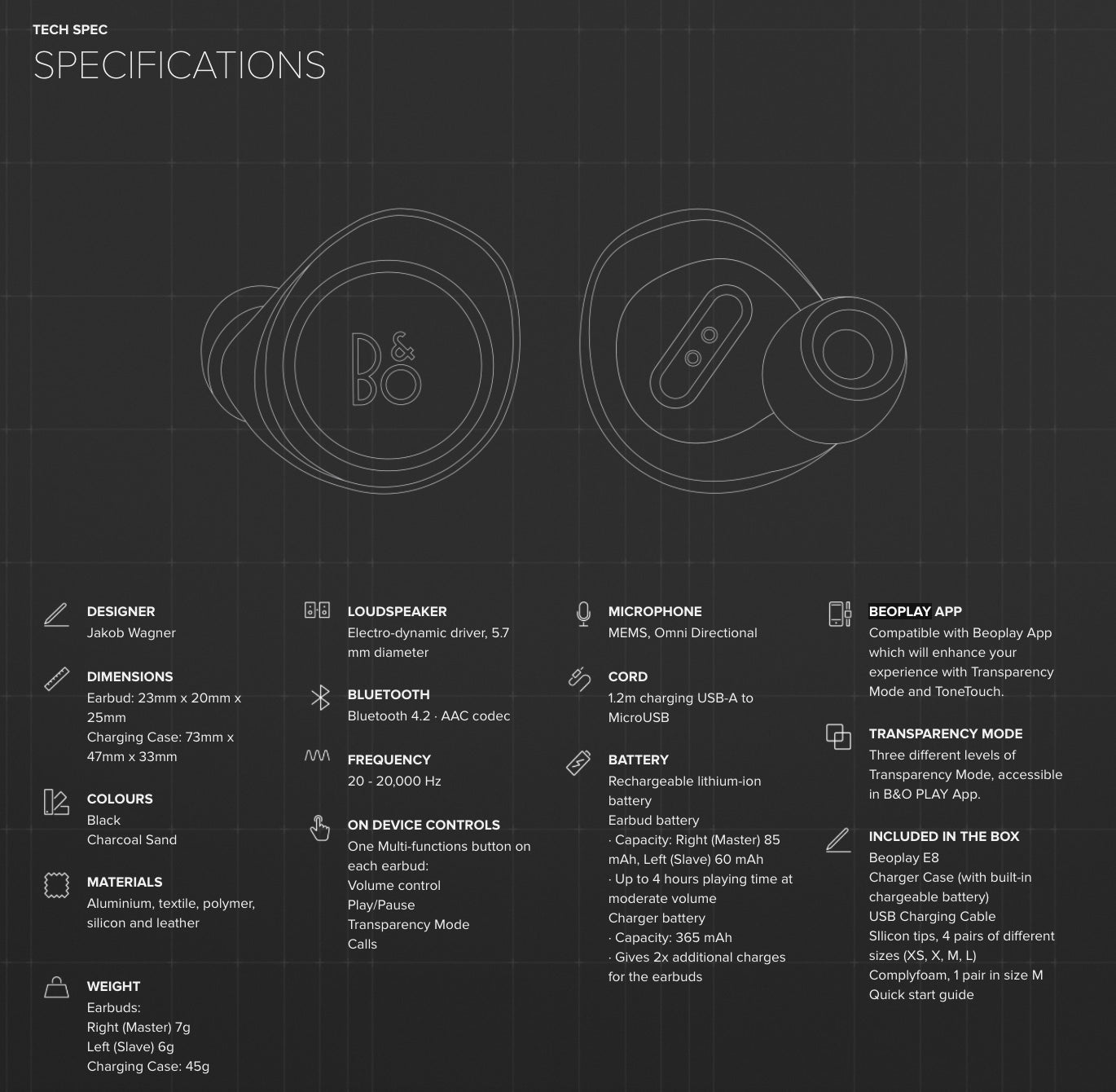 B&O PLAY E8 Wireless Earphones specifications