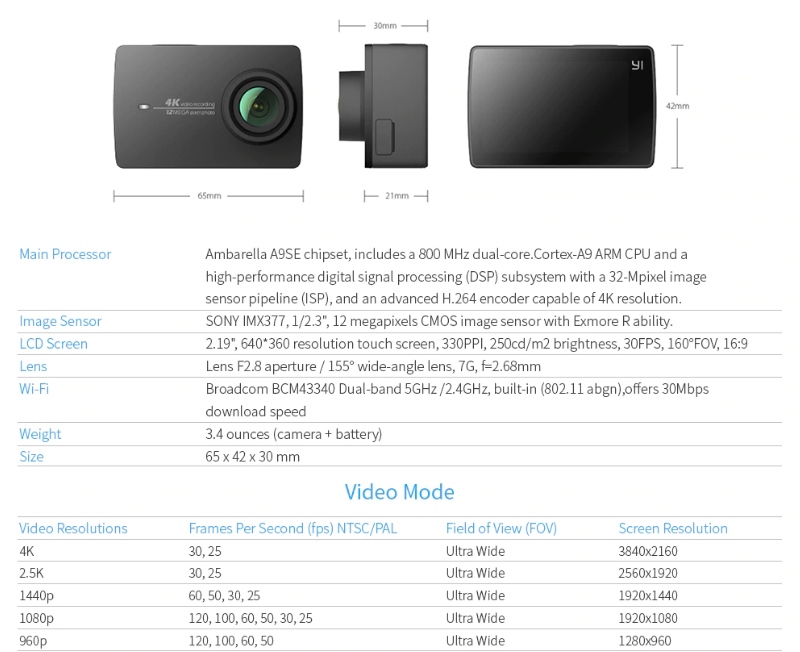 YI 4K Action and sports camera features