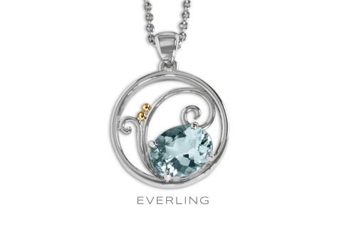 Custom recycled Platinum and 14k Yellow gold hand fabricated pendant with an oval prong set Aquamarine. www.EverlingJewelry.com