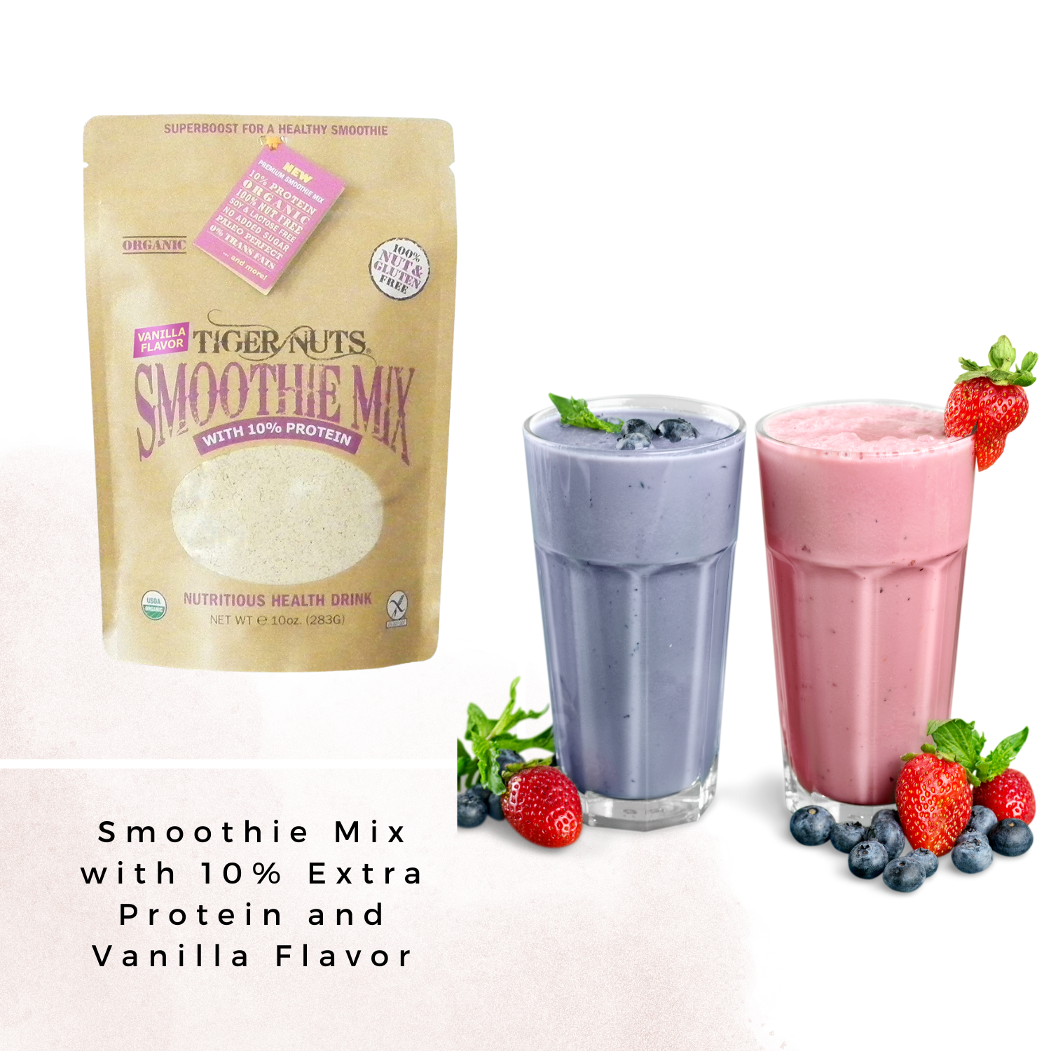 Tiger Nuts Smoothie Mix with 10% Extra Protein and Vanilla Flavor! Customer  Review: I love this company!! The smoothie mix is beyond delicious!! From  the packaging to the products - class act