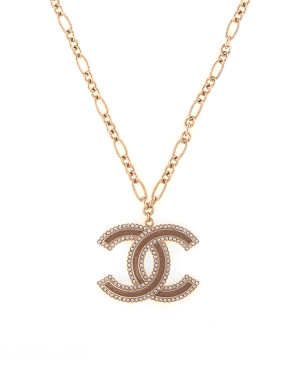 Vintage Chanel Necklace Double Sided CC Logo Faux Crystal Yellow Gold Tone
