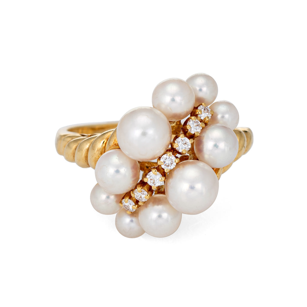 Mikimoto Cultured Pearl Diamond Ring Vintage 18k Yellow Gold Graduated ...
