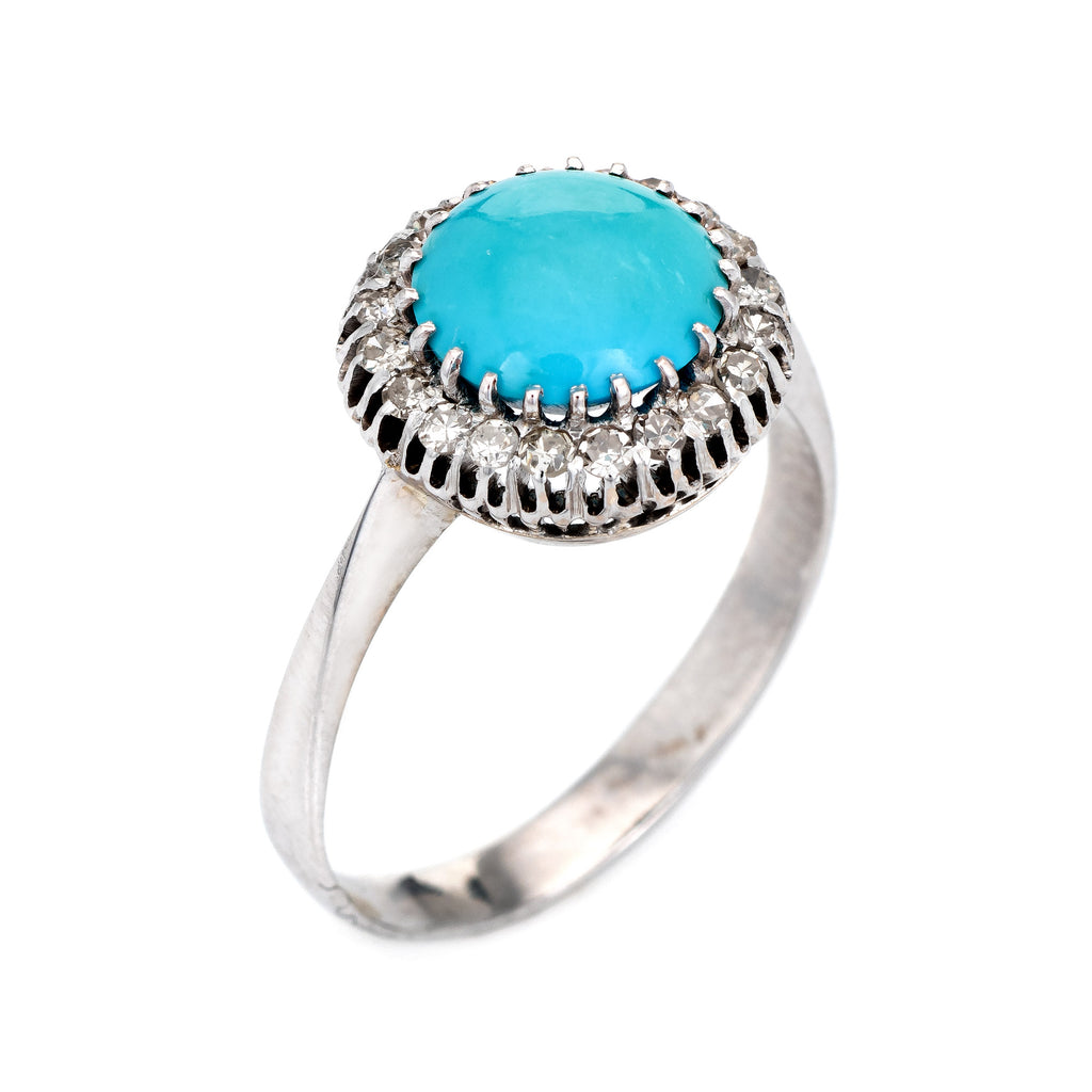 Persian Turquoise Diamond Ring Vintage 14k White Gold Round Halo Fine ...