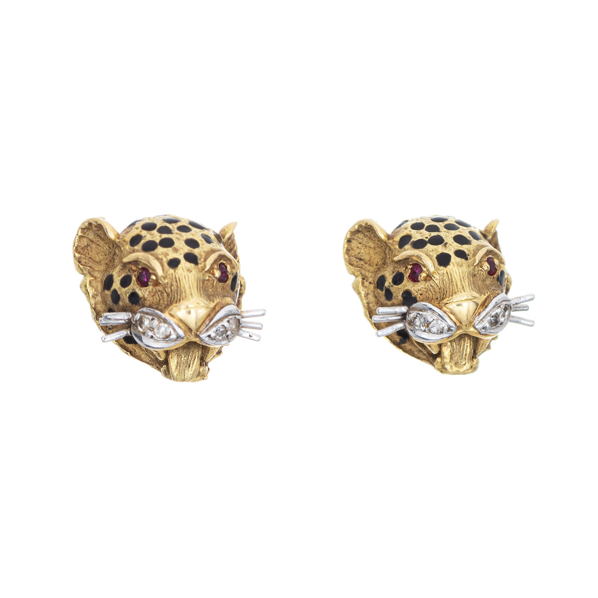 Leopard Earrings Vintage 18k Yellow Gold Diamond Ruby Eyes Black Ename ...