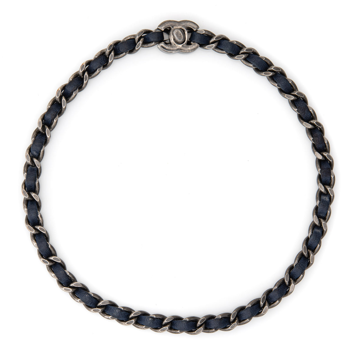 Chanel 2012 Choker Necklace Blue Leather Chain Link CC Logo Turn Lock –  Sophie Jane