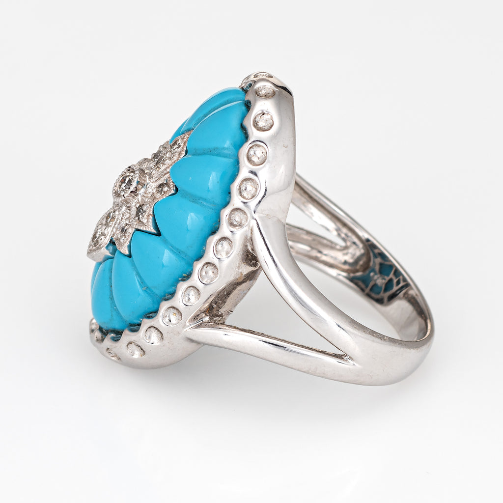 Fluted Turquoise Diamond Oval Cocktail Ring Vintage 14k White Gold Fin ...