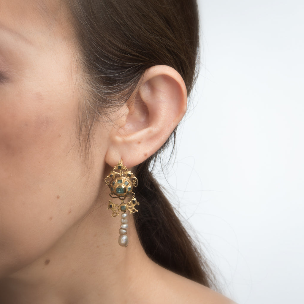 Antique Georgian 18th Century Iberian Earrings Emerald Pearl 22k Yello ...