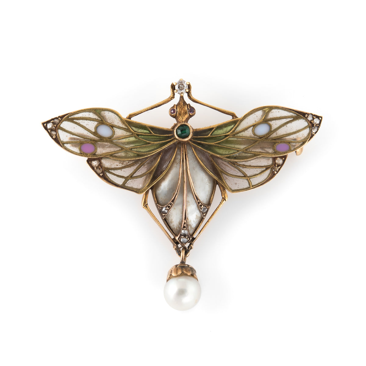 Antique Art Nouveau Dragonfly Plique a Jour Brooch 18k Gold Diamond Pe ...