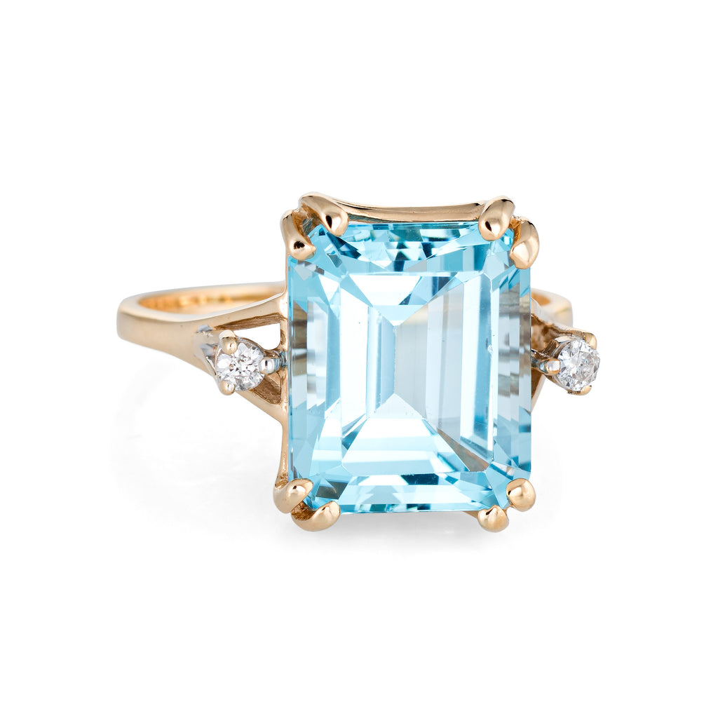 Square Blue Topaz Diamond Ring Vintage 14k Yellow Gold Estate Cocktail ...