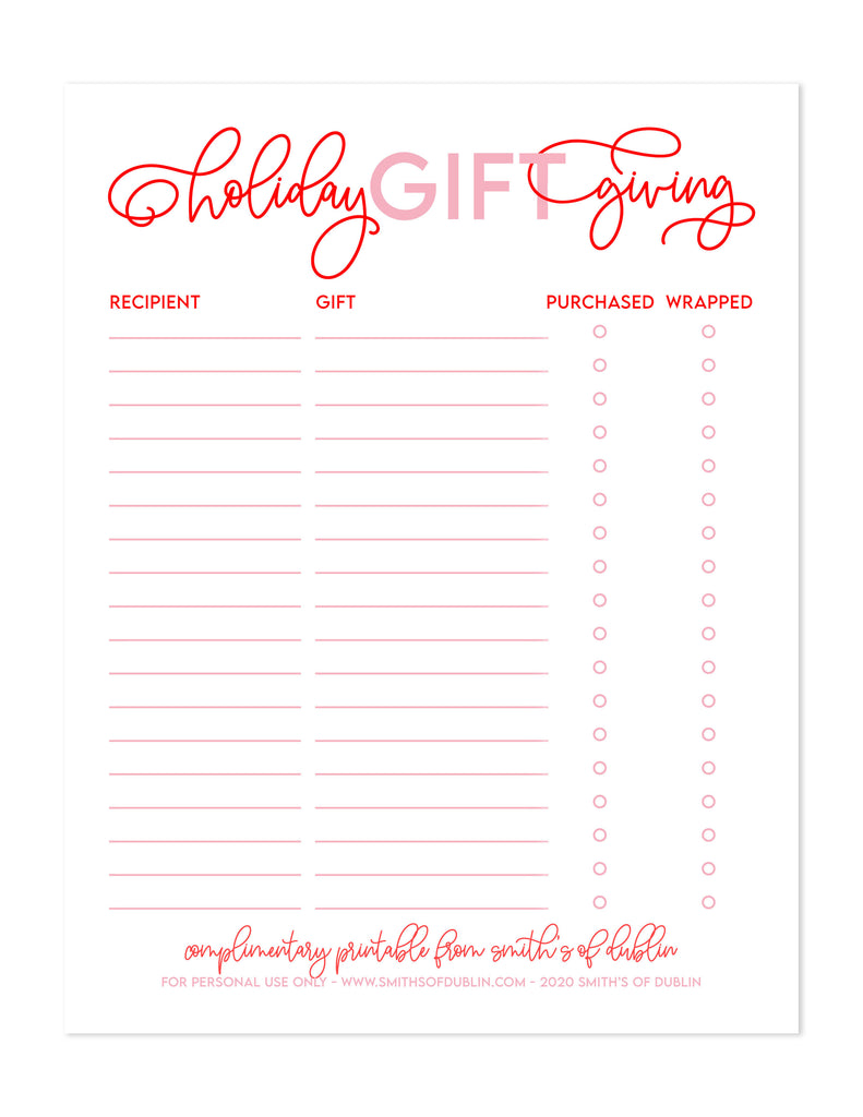Holiday Gift Giving List Printable Smith's