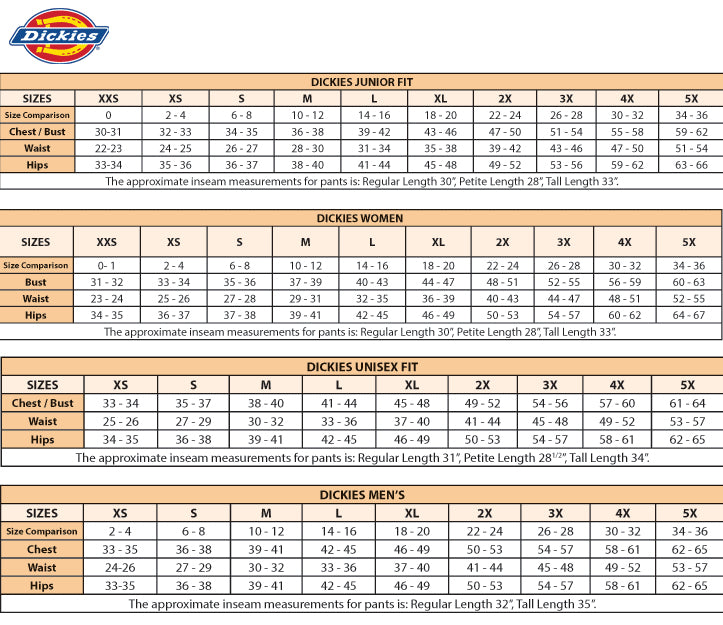 Womens Dickies Size Chart