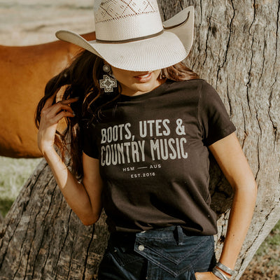 Boots, Utes & Country Music Ladies Black Tee, Hot Southern Miss