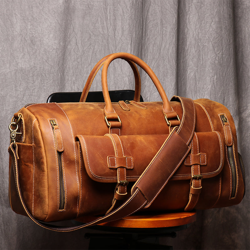 Personalized Vintage Leather Duffle Bag With Shoe Compartment,Good Tra – icambag