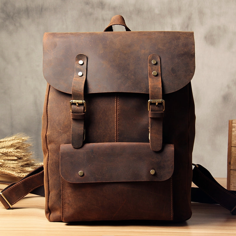 Handmade Vintage Leather School Bag Travel Backpack Laptop Bag Black M – icambag