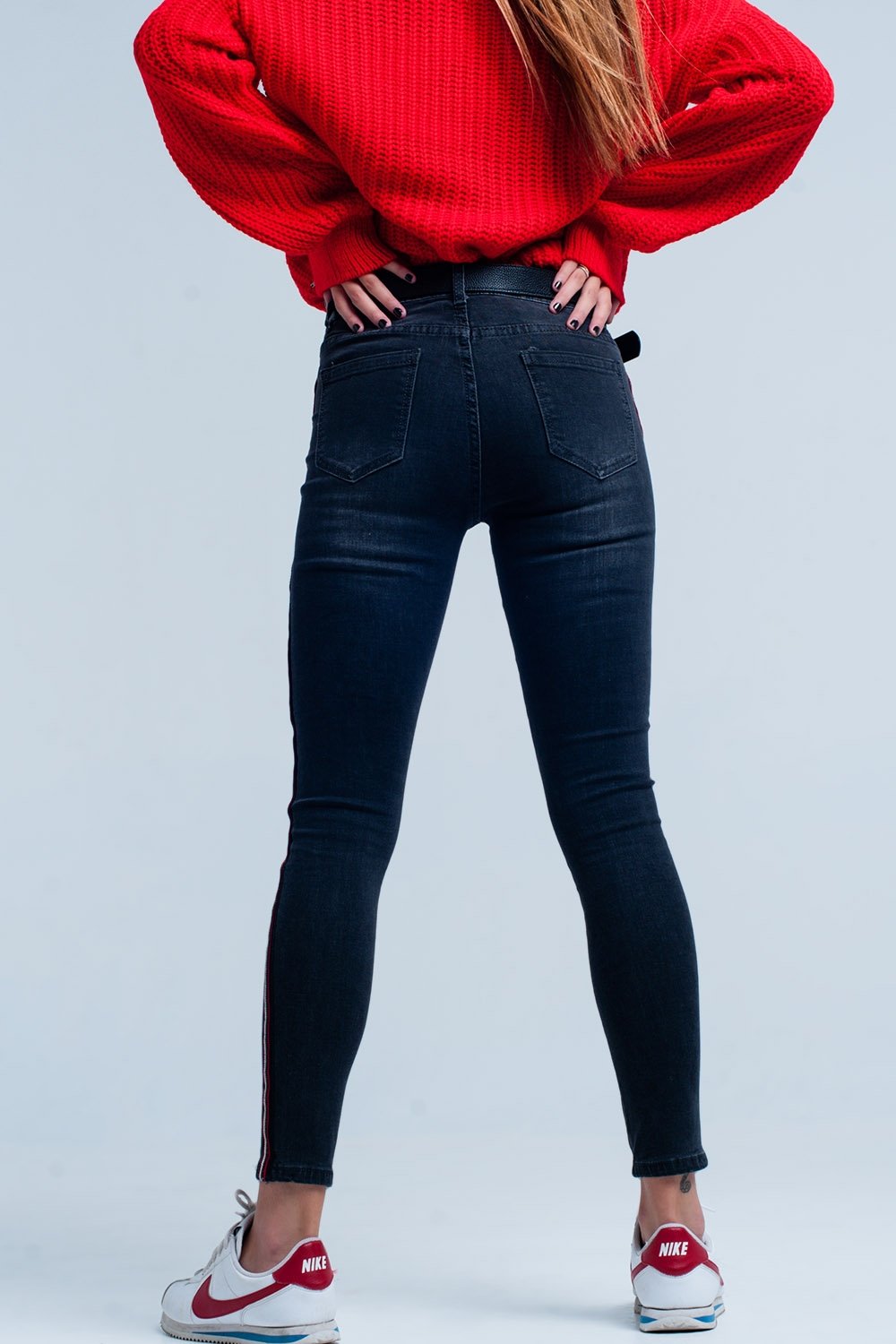 black jeans with red stripe womens