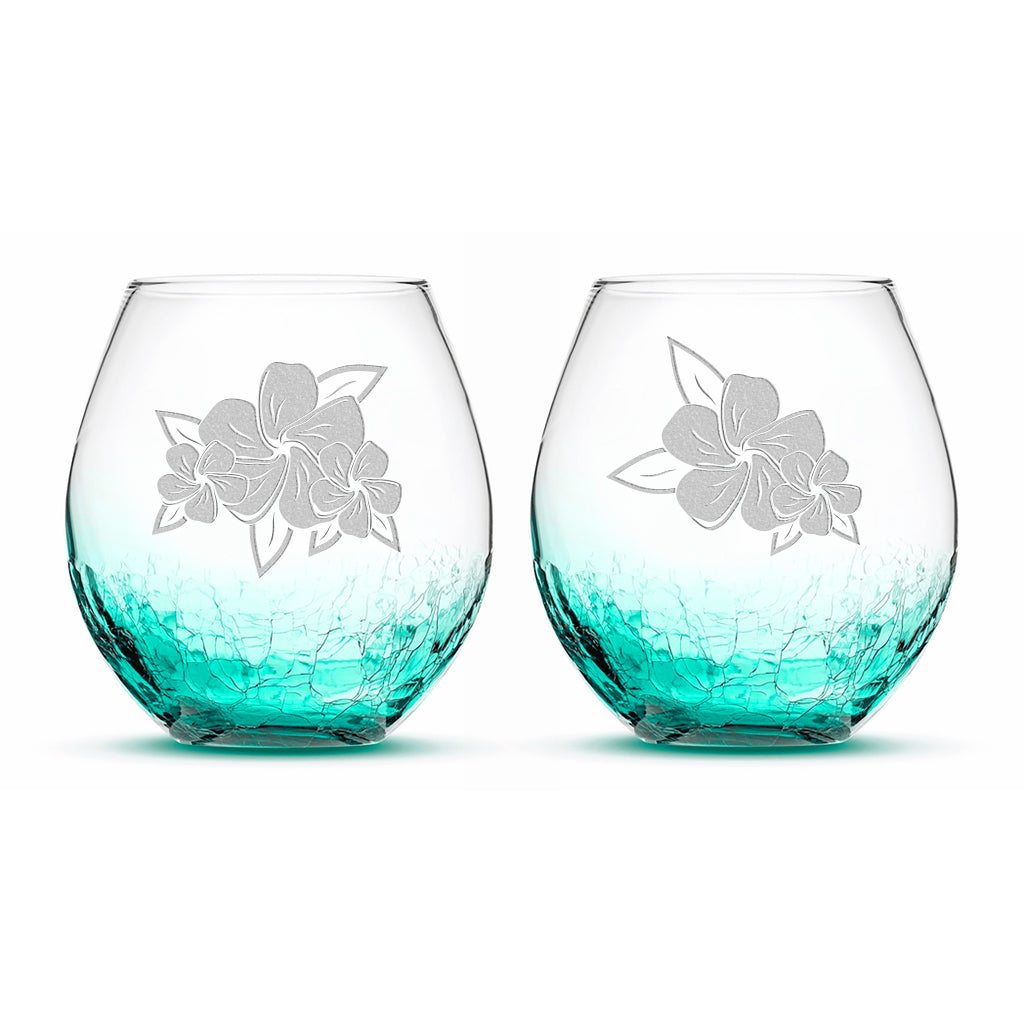 Set of 2 / Pair of Hand Painted Crackle Glass Wine Glasses Butterfly Floral  B55