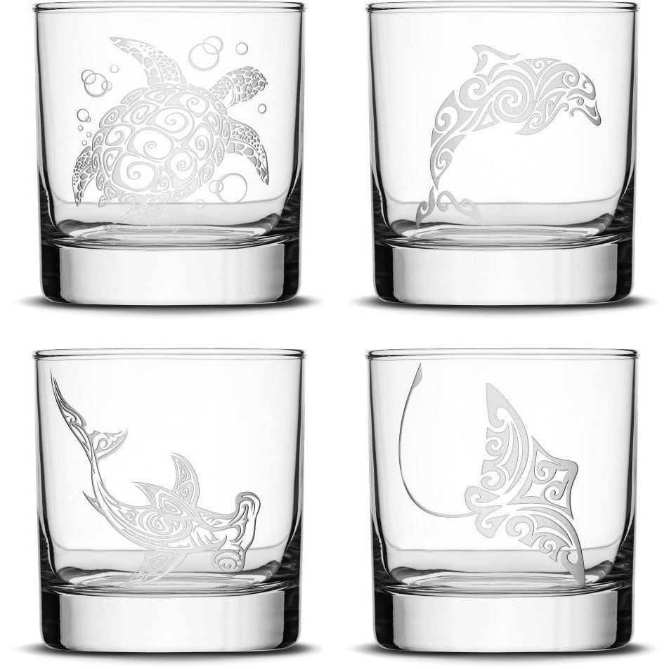 Set of 4, Premium Sea Animal Whiskey Glasses, Sea Turtle, Dolphin