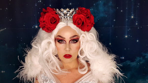 Rockstars and Royalty drag inspired alternative goth makeup over 40 white wig