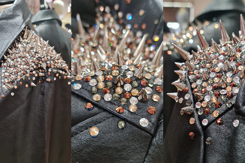Sarita's leather biker jacket embellished with studs and rhinestones by Rockstars and Royalty