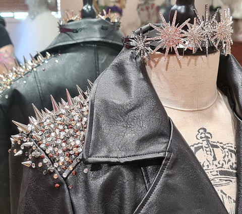 Custom wedding headpiece and upcycled leather jacket by Rockstars and Royalty