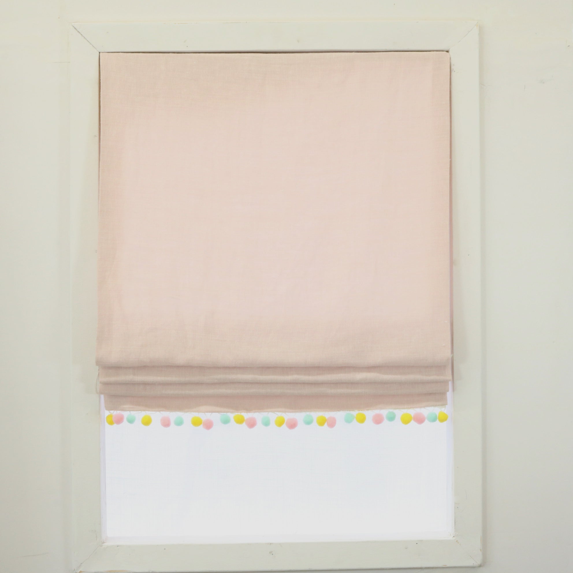 Pink 100 Linen Flat Roman Shades With Multi Pom Pom Classic Modern Home