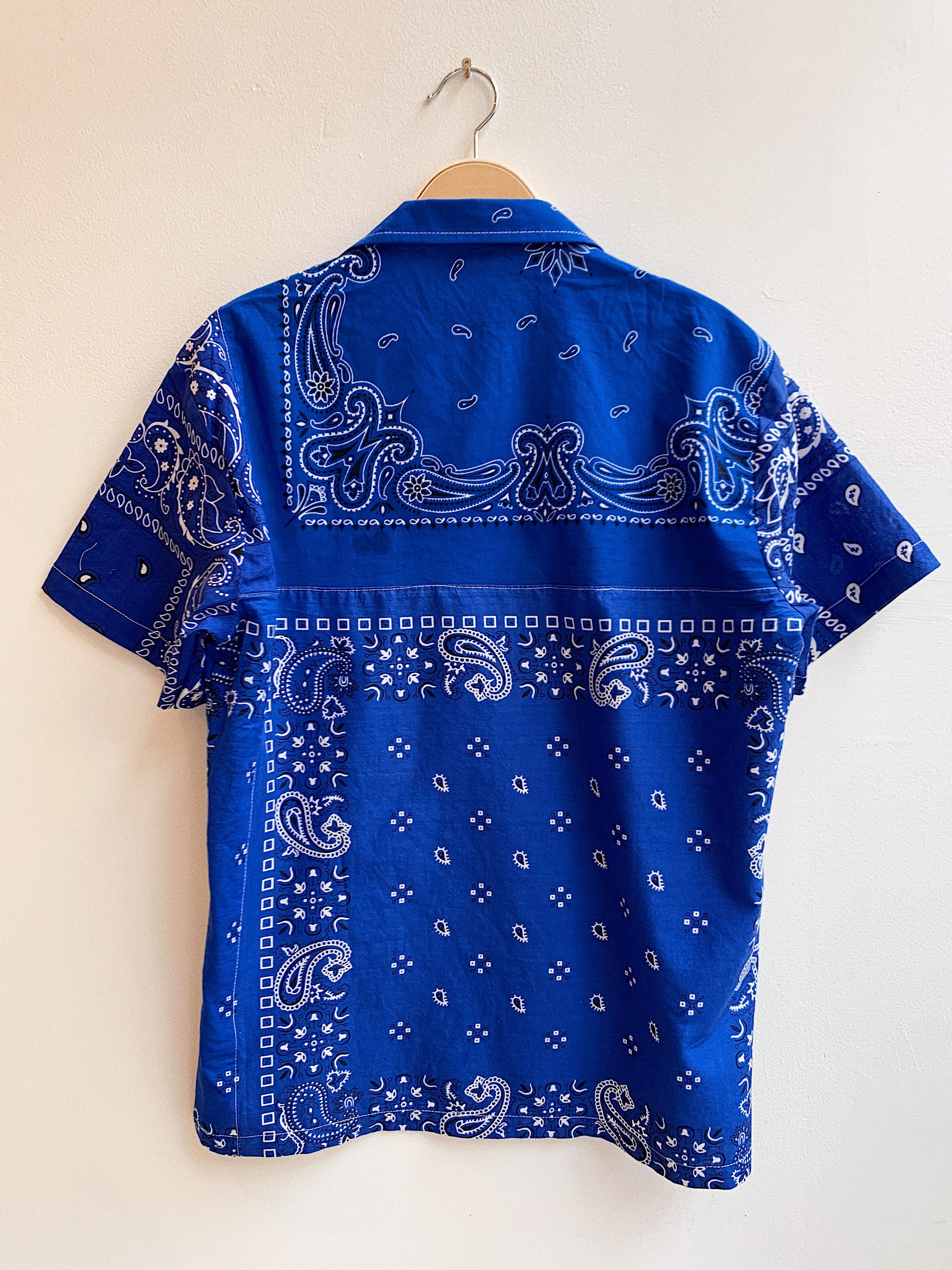 Patchwork Short Sleeve Bandana Shirt - Blues - 031