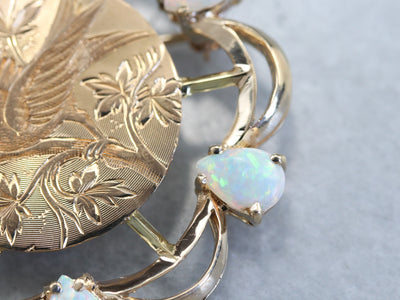 Opal Songbird Etched Gold Brooch