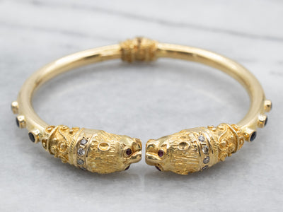 Bold Lion Gemstone Encrusted Gold Cuff Bracelet