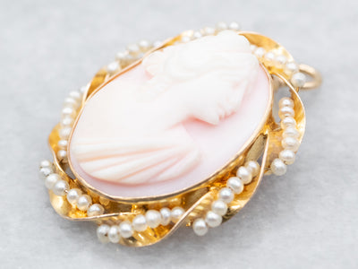 Vintage Pink Cameo Seed Pearl Pendant