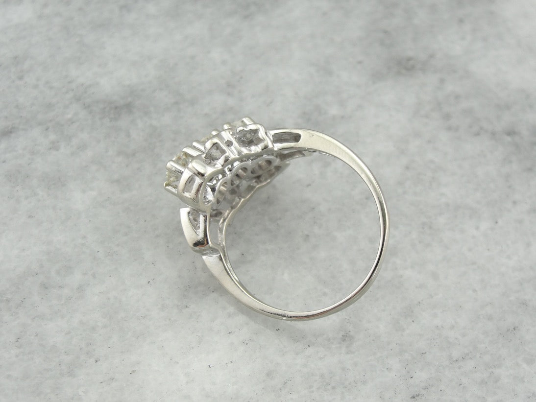 Amazing Retro Era 1950's Diamond Cocktail Ring, Bypass Style in White