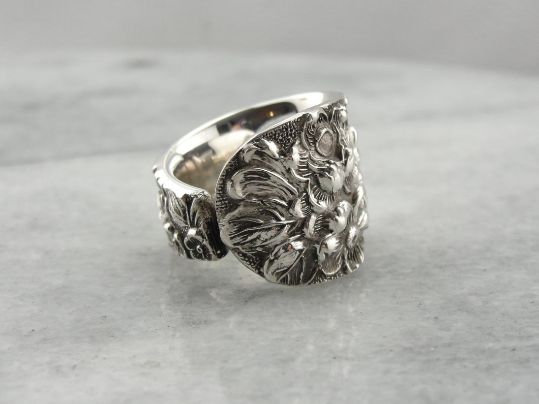 Heavy Floral Vintage Spoon Ring Crafted of Sterling Silver