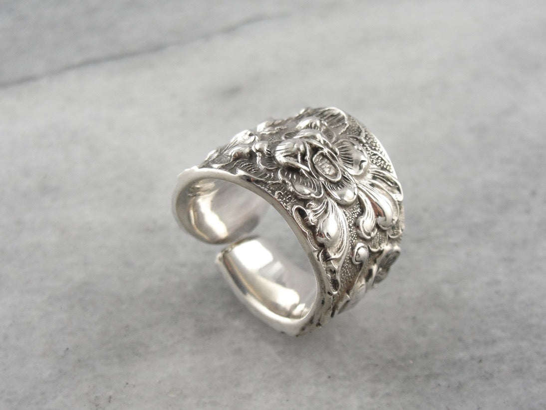 Heavy Floral Vintage Spoon Ring Crafted of Sterling Silver