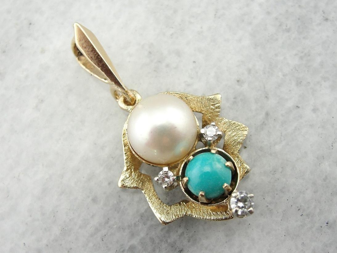 Turquoise, Pearl, and Diamond Gold Pendant