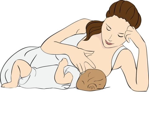Mutter stillt Baby im Liegen Illustration