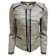 GERARD DAREL Black / Ivory Perforated Leather Trim Woven Tweed Blazer