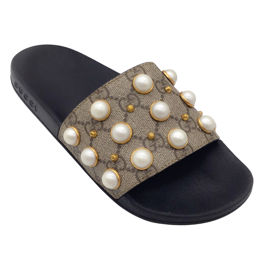 Gucci Brown GG Supreme Pearl Embellished Slide Sandals – Roundabout Resale  Couture