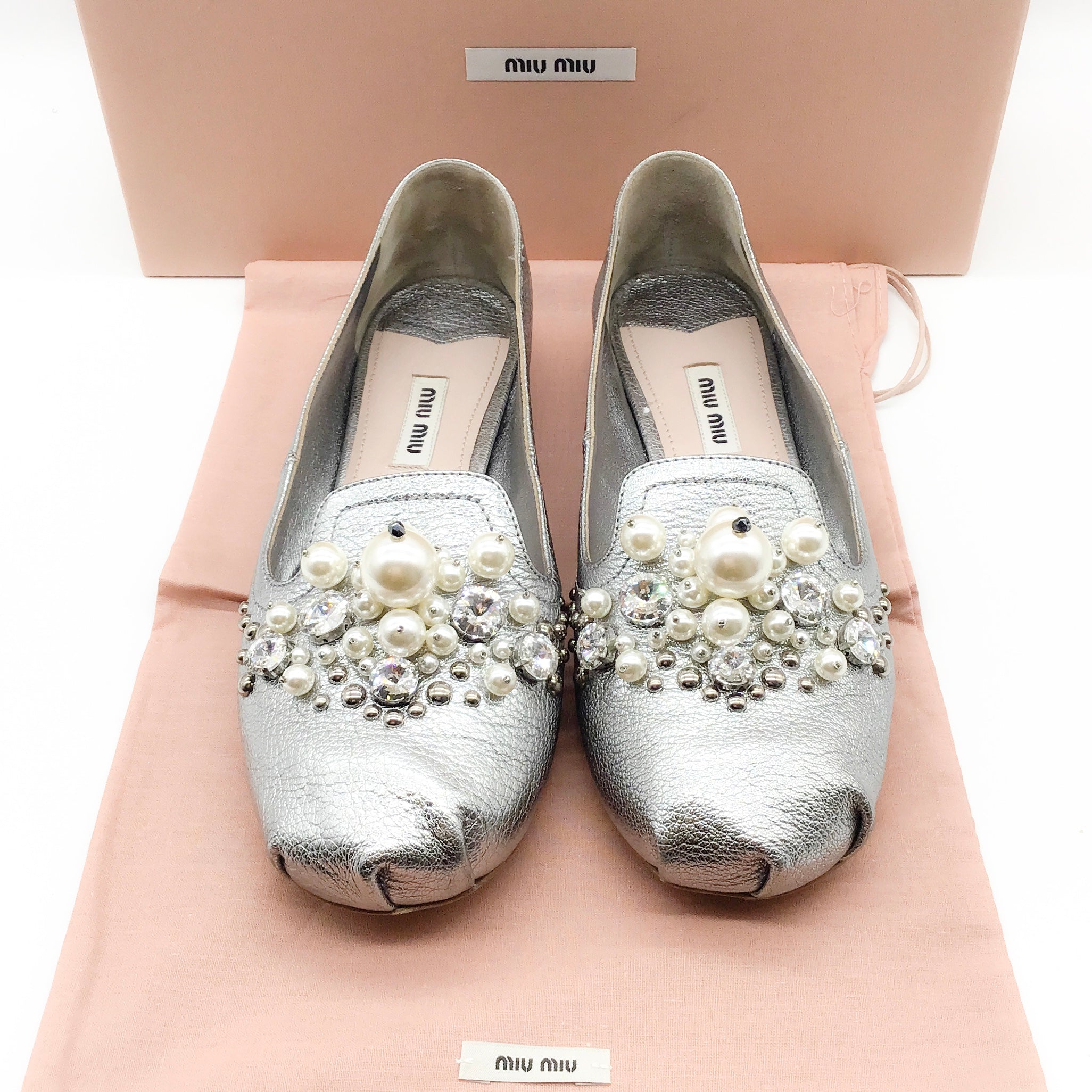 Miu Miu Silver Leather Pearl and Rhinestone Embellished Flats