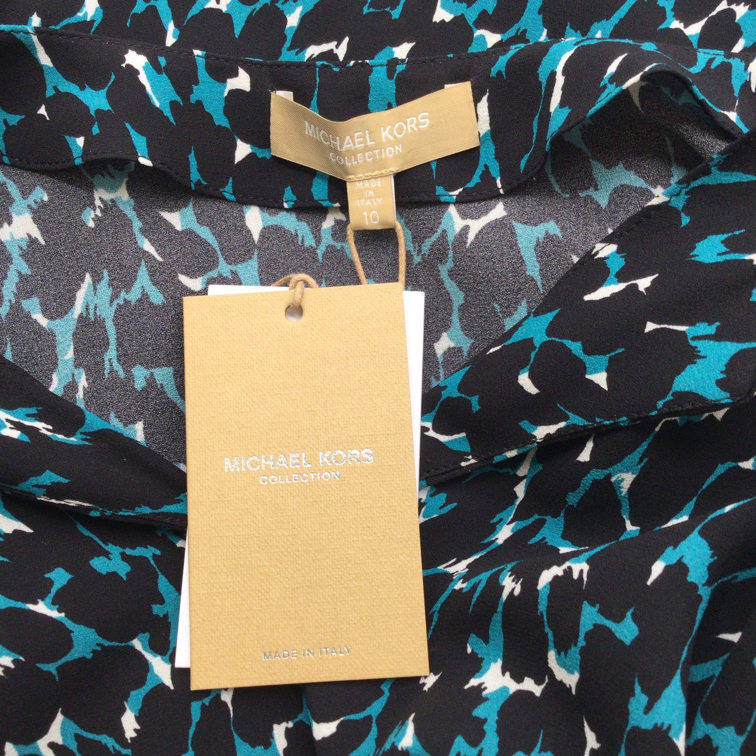 Michael Kors Collection Black / Turquoise Long Sleeved Printed Silk Crepe Blouse