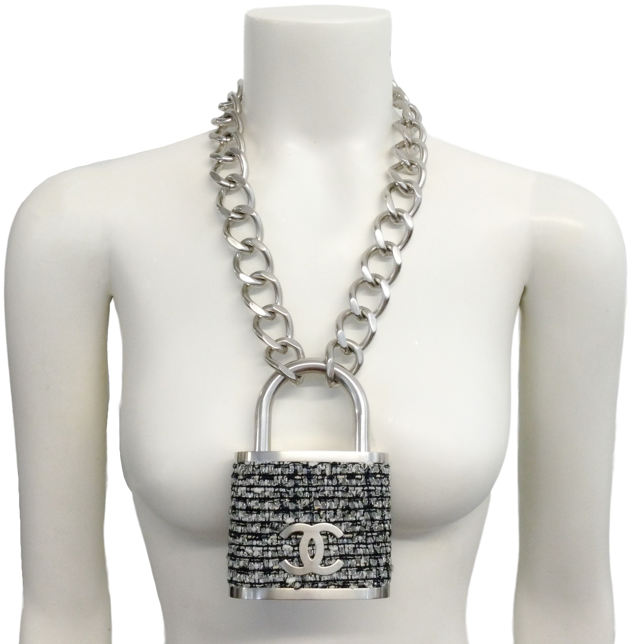 Chanel Silver Giant Tweed Lock Necklace