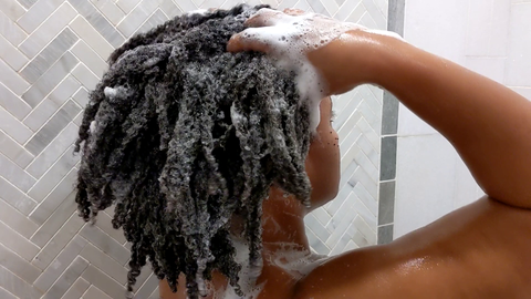 Kim Lewis CEO CurlMix Cleanse Hair in the Shower