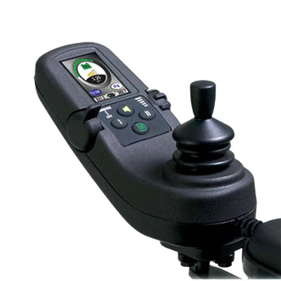 a joystick controller for a power wheelchair with two switch toggles, four buttons, and a digital color display