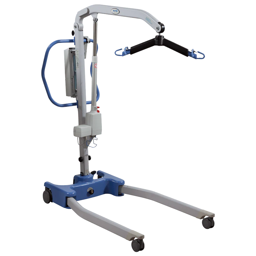 a blue and white electric hoyer patient lift